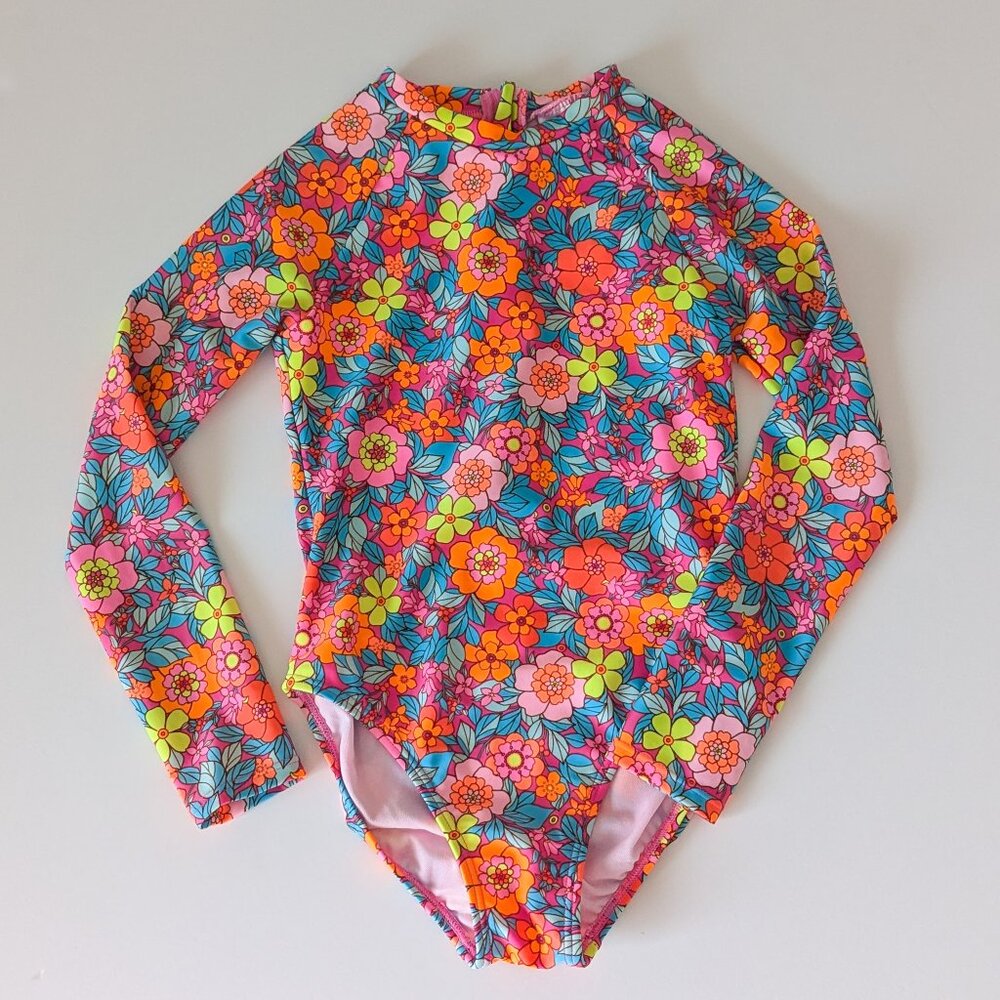 Girls' Retro Row Rash Guard One Piece Swimsuit - Cat & Jack EUC Medium
